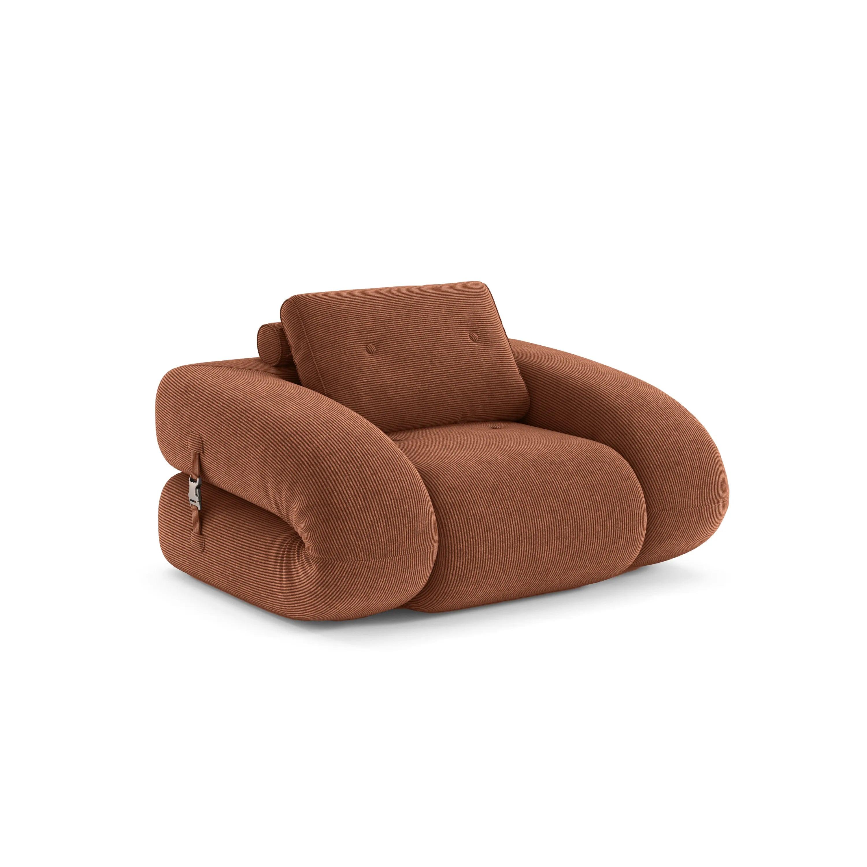 Flippo Sofa Bed in Chestnut color – rich warm tone, sculptural design, soft corduroy fabric, convertible to bed, modern statement furniture